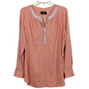 Bob Mackie tab sleeve peach tunic with silver trim and sequins Tunic‎ Size L